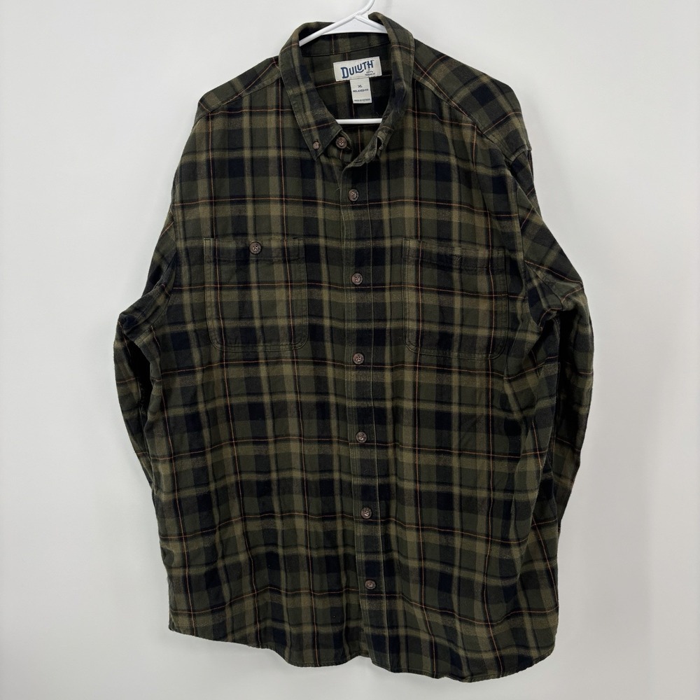 Duluth Trading Co Men's Size XL Green Brown Plaid Button Up Long Sleeve Shirt